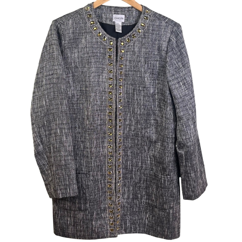 Chico's Jeweled Tweed Wool Blend Blazer Pockets Tunic Length Size 2 (Large 12)
